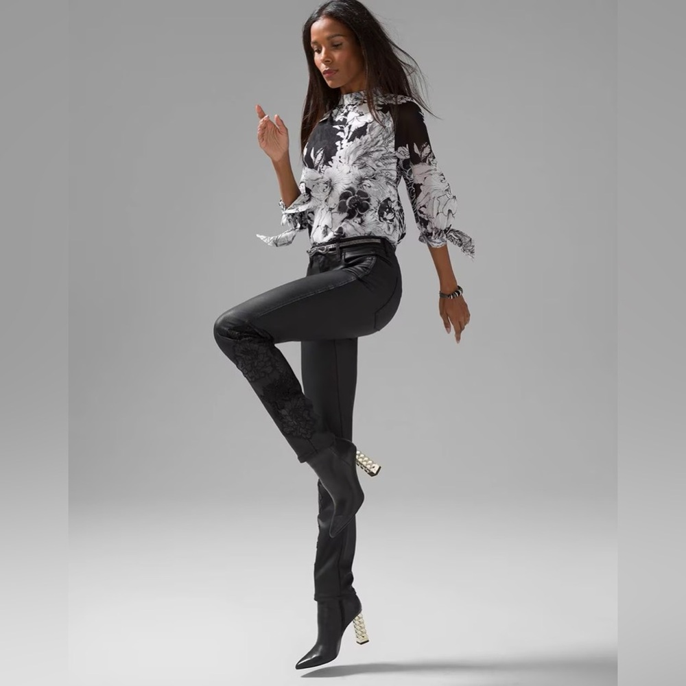 WHBM Holiday Jean High-Rise Coated Denim & Lace Slim Jeans Black 16